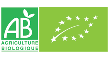 Les logos de l'Agriculture biologique : à gauche, le logo national "AB", à droite le logo européen "Eurofeuille". 